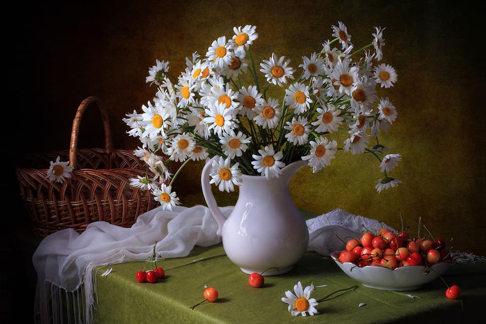 Fresh Daisies and Cherries by Tatyana Skorokhod — canvas wall art