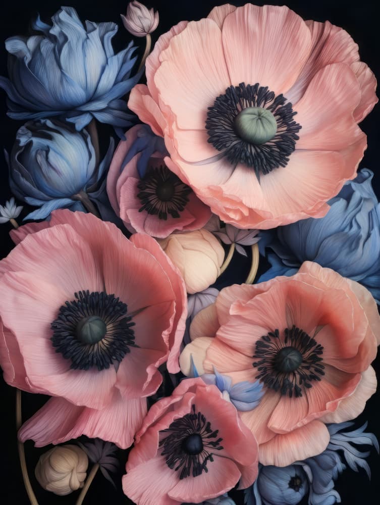 Pink Blue Poppies by Bilge Paksoylu — canvas wall art