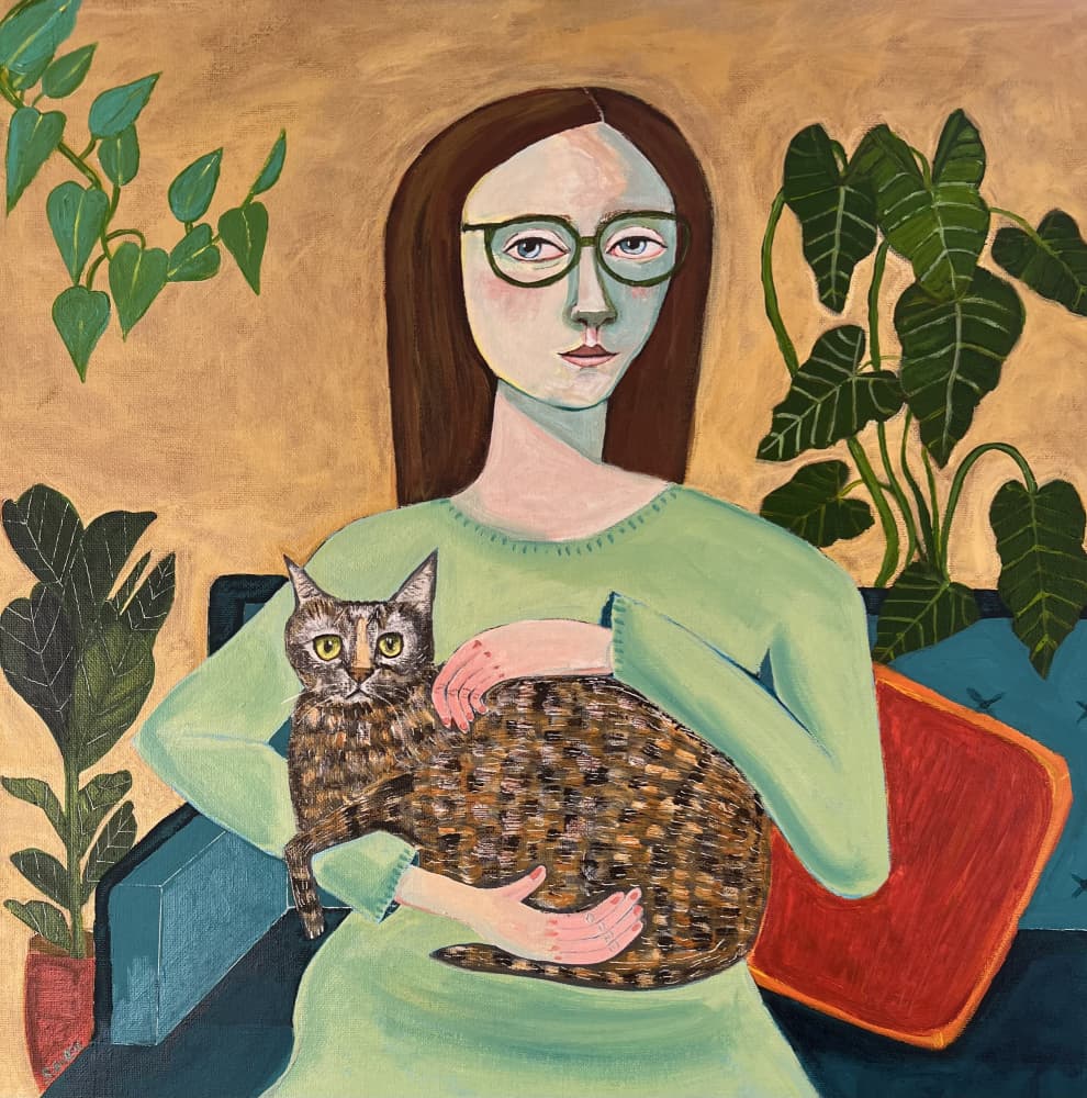 Cozy Woman With Cat by Sharyn Bursic — canvas wall art