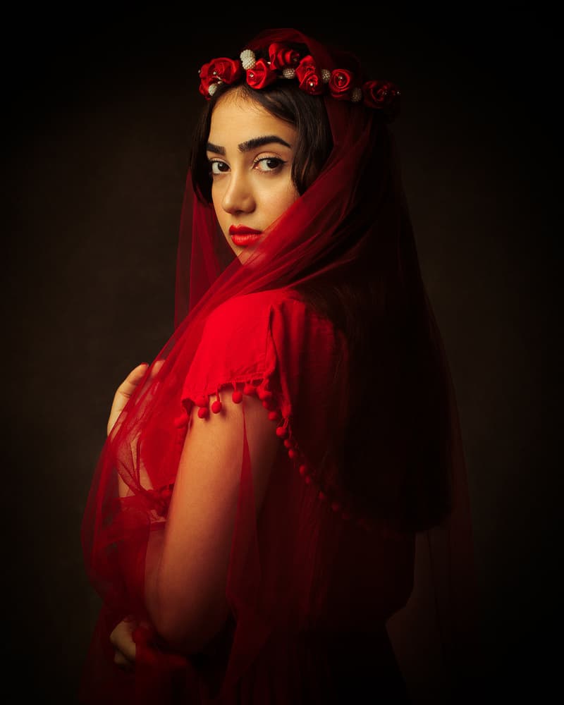 Red Veiled Portrait by Mehdi Mokhtari — canvas wall art