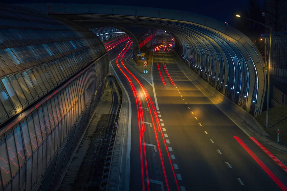 Night Highway Light Trails by Dariusz Budyta — canvas wall art