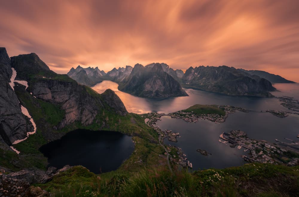 Orange Sky Fjord Village by John-Mei Zhong — canvas wall art