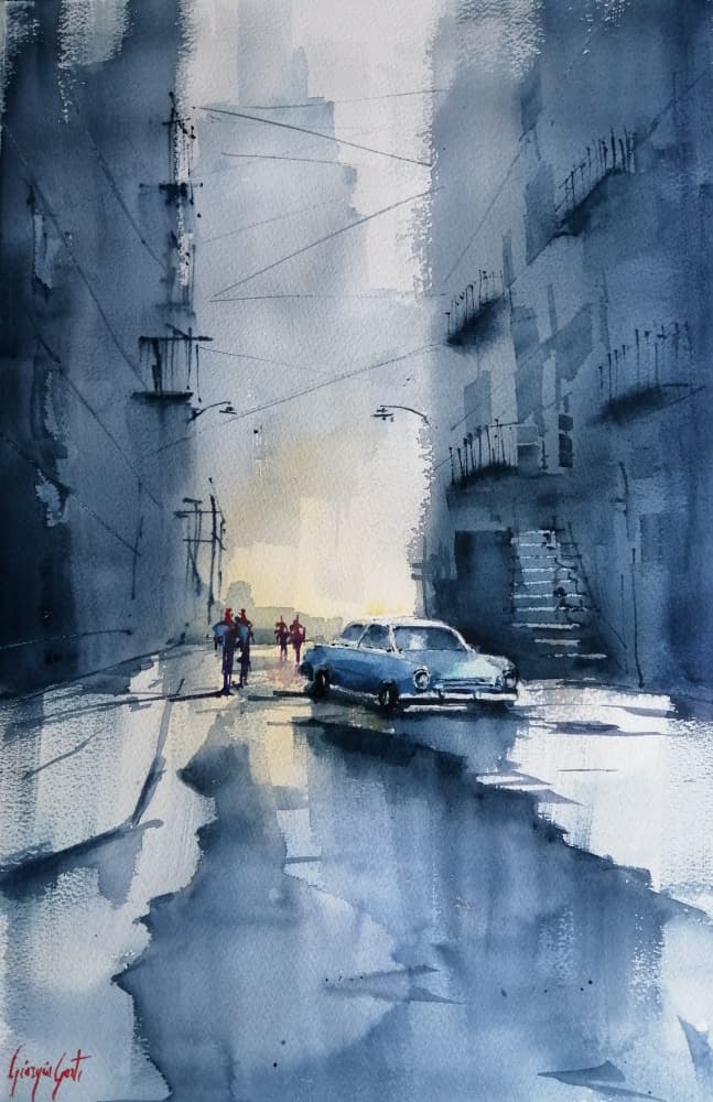 Classic Car City Rain by Giorgio Gosti — canvas wall art