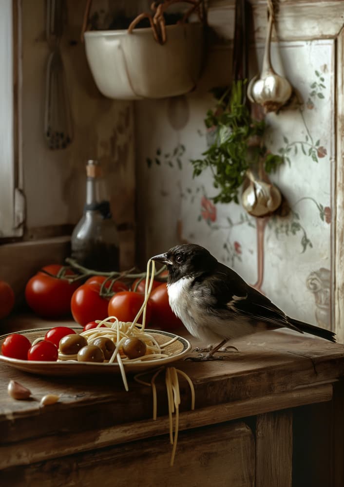 Bird Stealing Spaghetti by Niky Rahner — canvas wall art