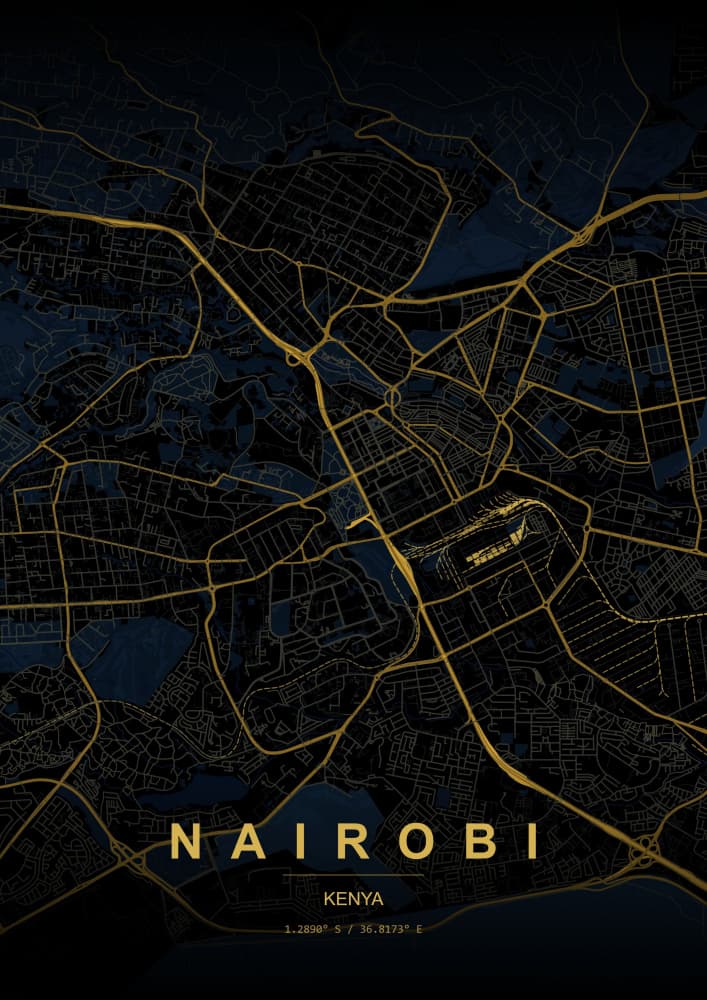 Golden Nairobi Map by HUGO — canvas wall art