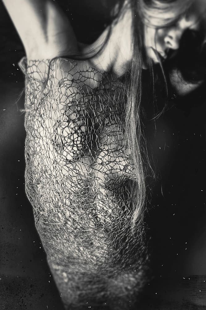 Monochrome Lace Portrait by Bogdan Bouşcă — canvas wall art
