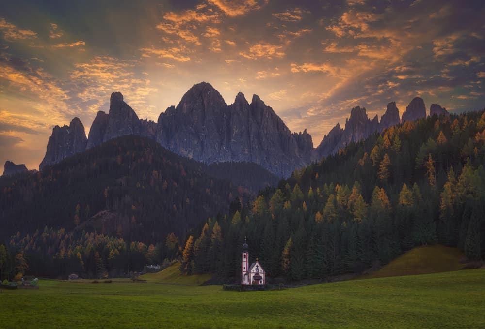 Dolomites Sunset Church by joanaduenas — canvas wall art