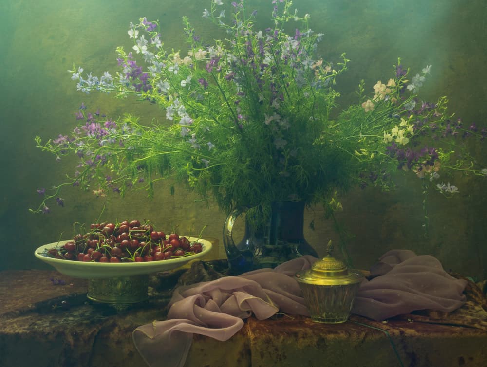 Dark Floral Cherry Still Life by UstinaGreen — canvas wall art