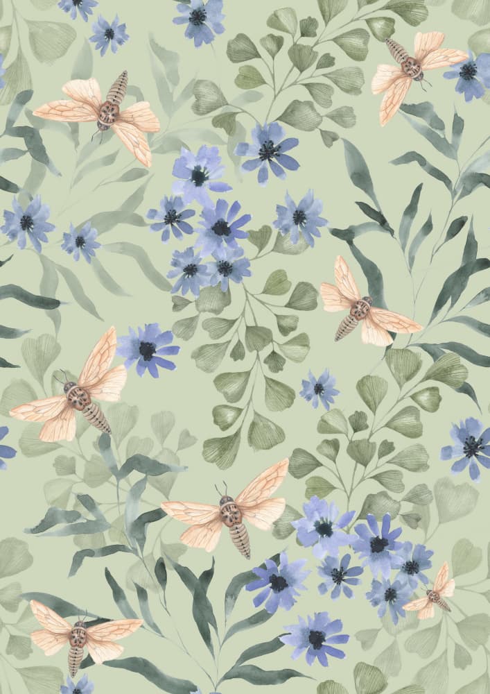 Moths and Blue Flowers by Linda Sitniece — canvas wall art