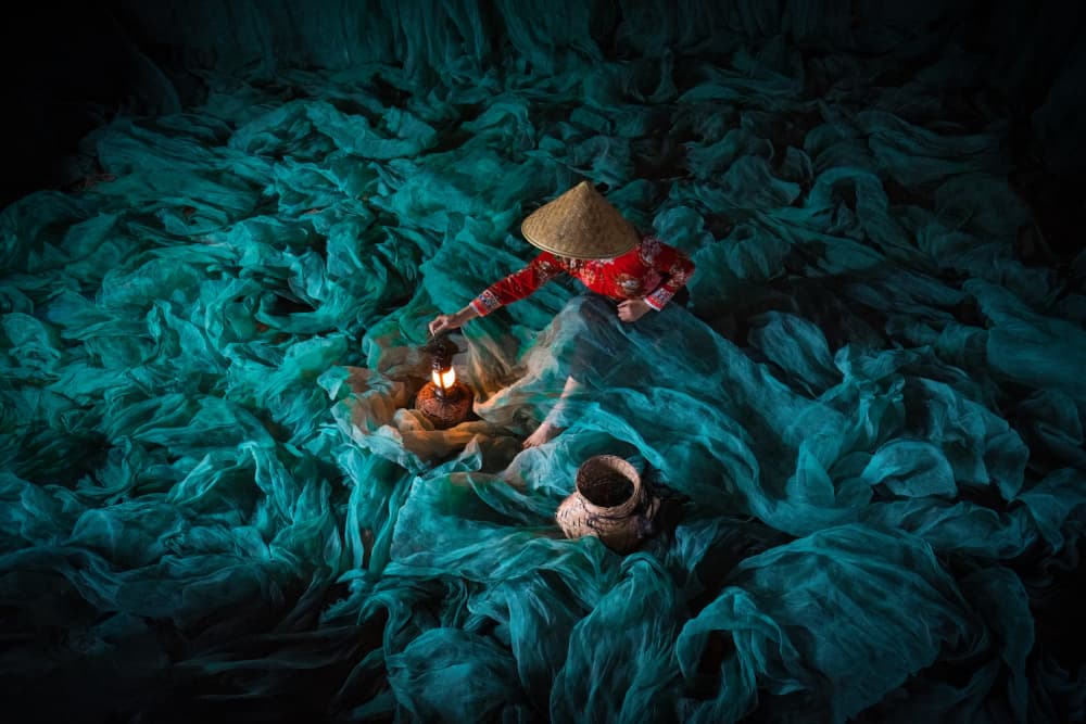 Serene Lantern on Teal Nets by Songlin Xu — canvas wall art