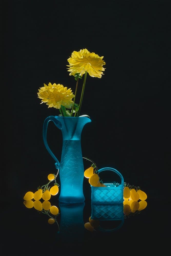 Blue Glass Yellow Blooms by Lydia Jacobs — canvas wall art
