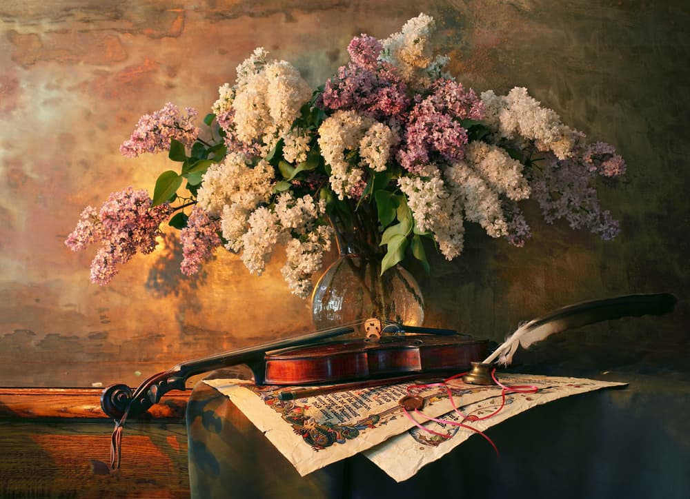 Lilac and Violin Still Life by Andrey Morozov — canvas wall art