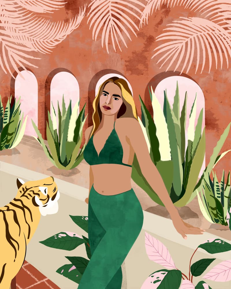 Tropical Woman and Tiger by Uma Gokhale — canvas wall art