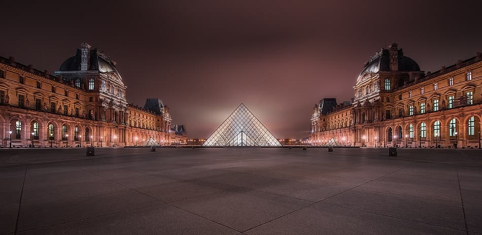 Paris Louvre Pyramid Night by Javier de la Torre — canvas wall art