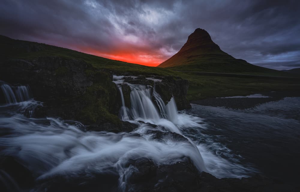 Dramatic Mountain Waterfall Sunset by Lydia Jacobs — canvas wall art