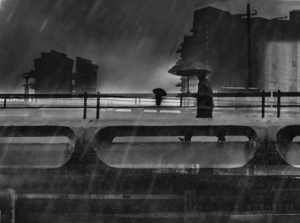 People on Rainy Bridge by Rachel Pansky — canvas wall art