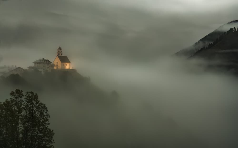 Misty Hilltop Church by Jie Cheng — canvas wall art