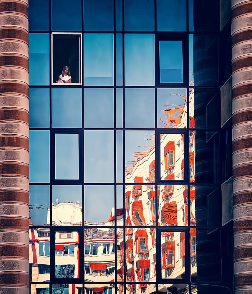 Girl Watching City Reflections by Miodrag Kosanovic — canvas wall art