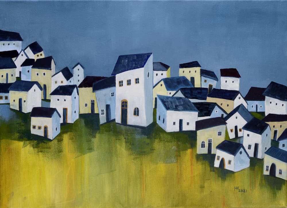 Quaint Hillside Village by Aniko Hencz — canvas wall art