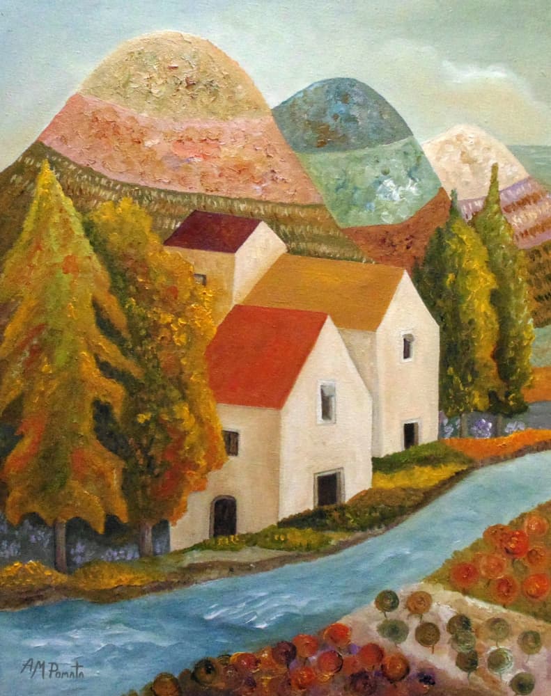 Autumn Village River by Angeles M. Pomata — canvas wall art