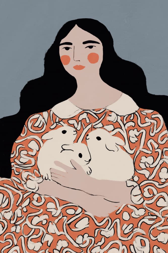 Woman Holding Bunnies by Treechild — canvas wall art