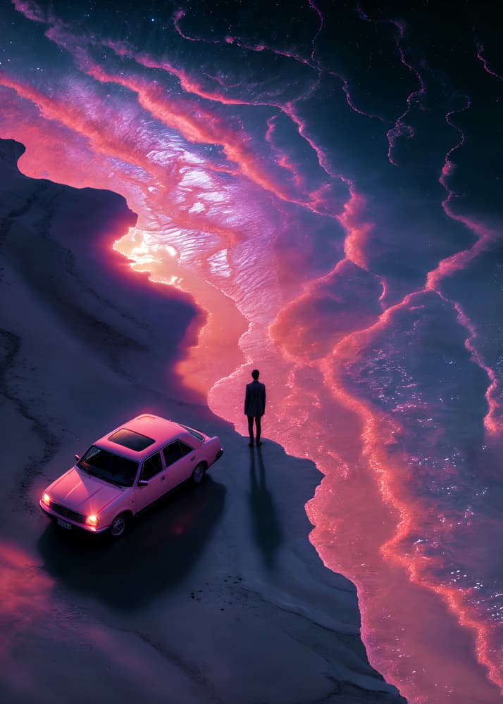Pink Car Dreamy Beach by Ritvik takkar — canvas wall art