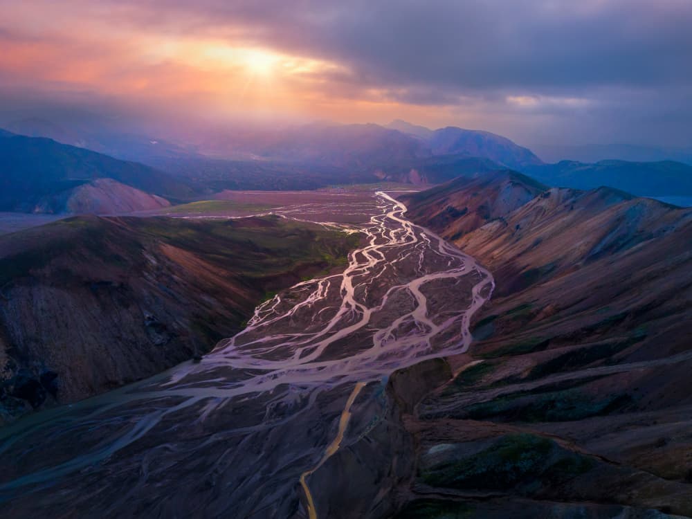 Braided River Valley Sunset by Chao Feng 天馬 — canvas wall art