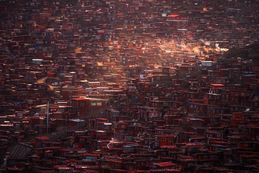 Red Village Glow by TIANQI — canvas wall art