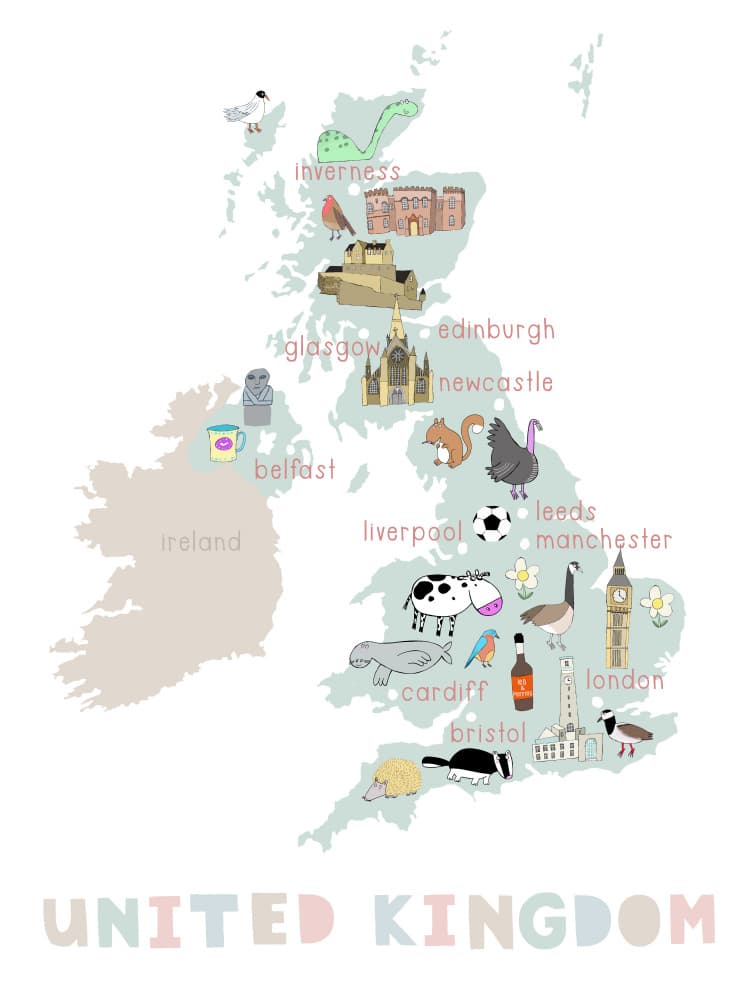 Whimsical British Travel Map by Carla Daly — canvas wall art