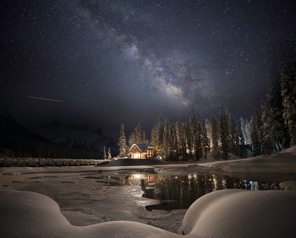 Snowy Cabin Starry Night by Mountain Cloud — canvas wall art