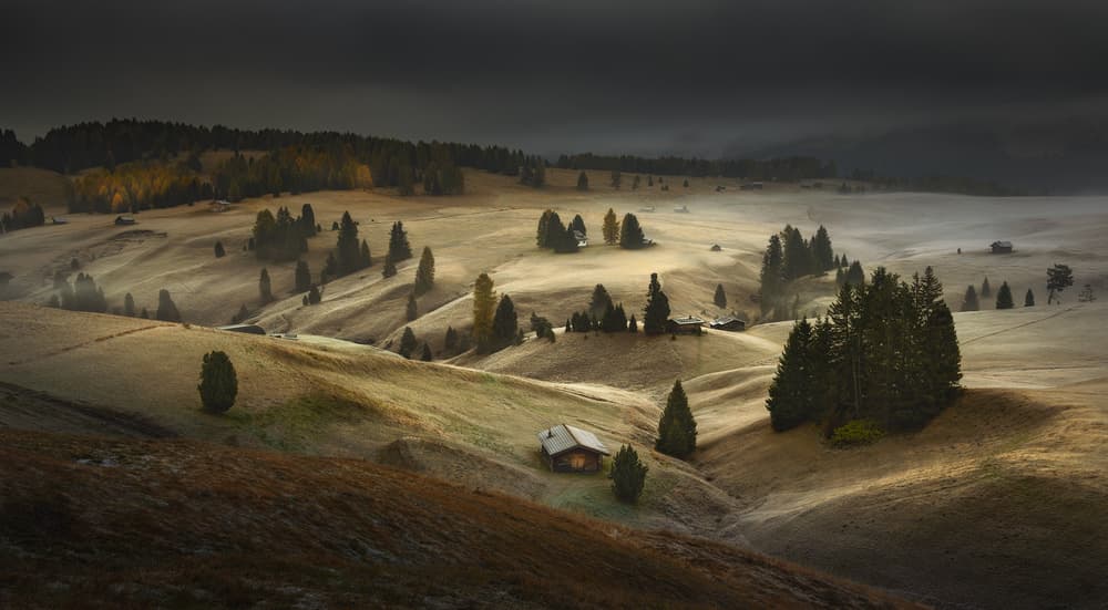 Misty Valley Cabins by Tomasz Rojek — canvas wall art