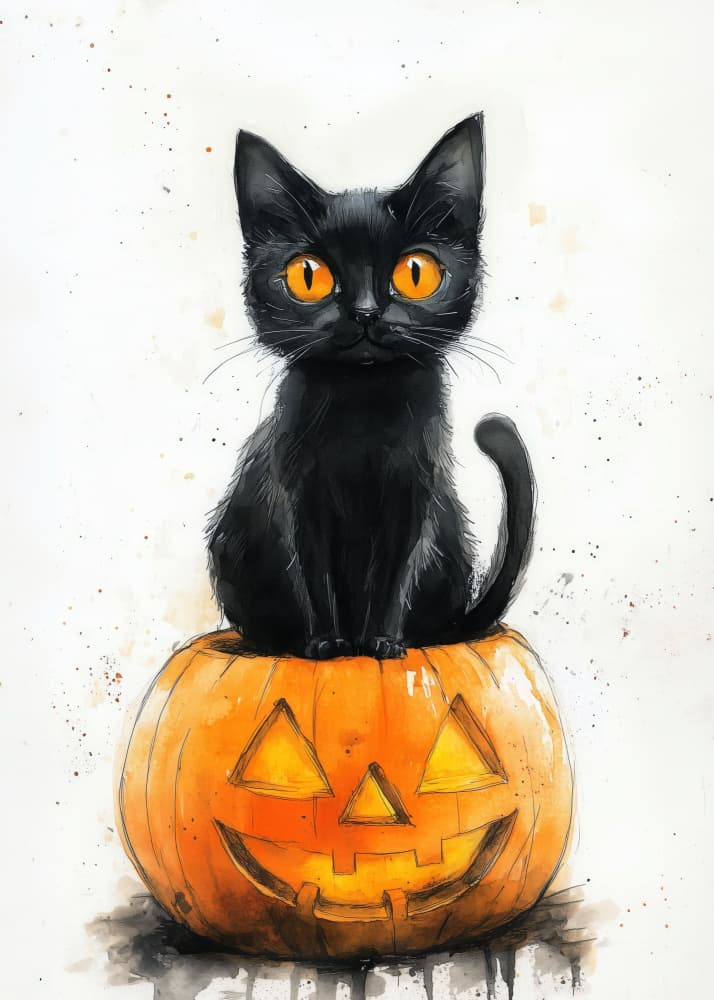 Black Cat Halloween Pumpkin by Justyna Jaszke — canvas wall art
