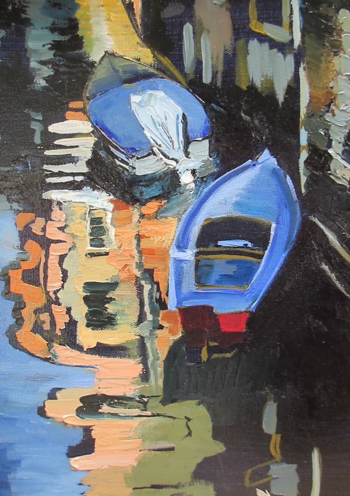 Blue Boats Canal Reflections by Maxine Shore — canvas wall art