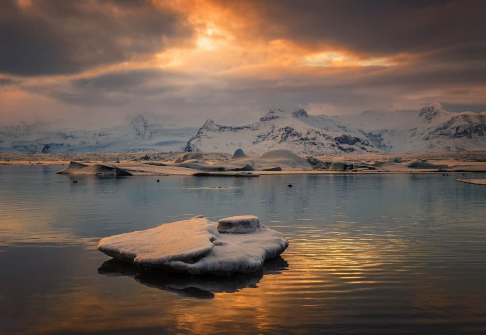 Golden Hour Glacier Lake by joanaduenas — canvas wall art