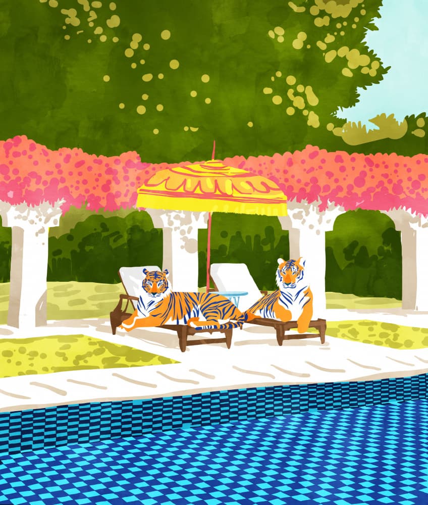 Luxurious Poolside Tigers by Uma Gokhale — canvas wall art