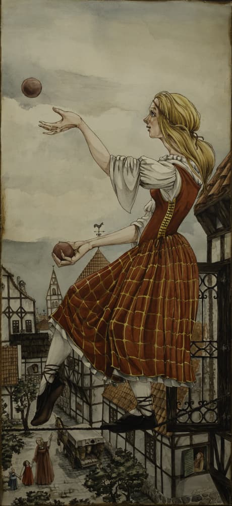 Whimsical Juggler Over Town by Ekaterina Andersson — canvas wall art