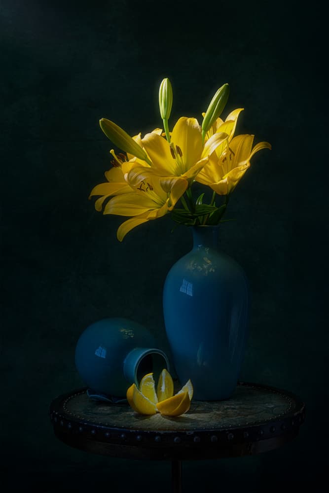 Dramatic Lilies and Lemon by Lydia Jacobs — canvas wall art