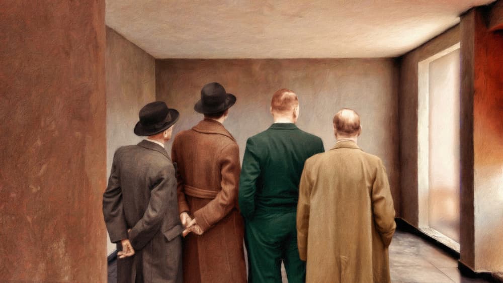 Four Men in Hats by Marja van den Hurk — canvas wall art