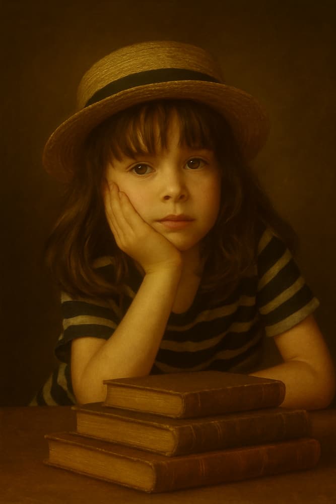 Pensive Girl with Old Books by Ionel Onofras — canvas wall art