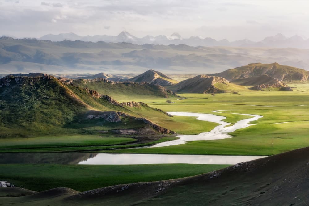 Green Valley Winding River by Yuan Cui — canvas wall art