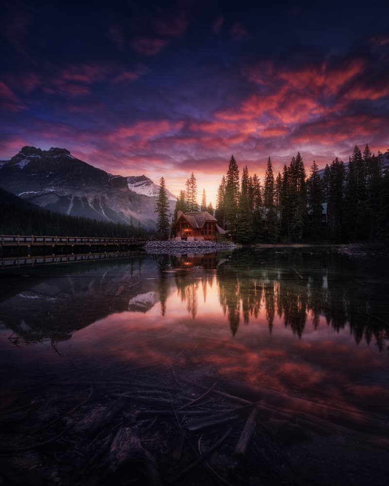 Dramatic Lake Cabin Sunset by Juan Pablo de Miguel — canvas wall art