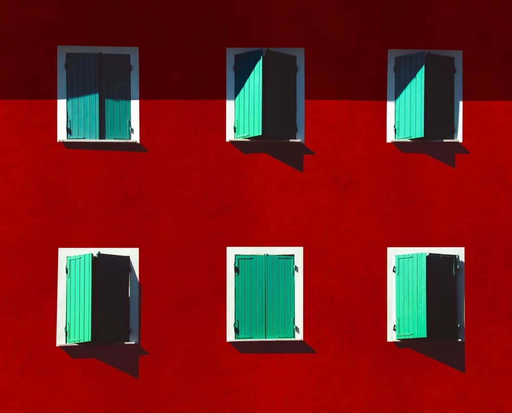 Green Shutters Red Wall by Arnon Orbach — canvas wall art