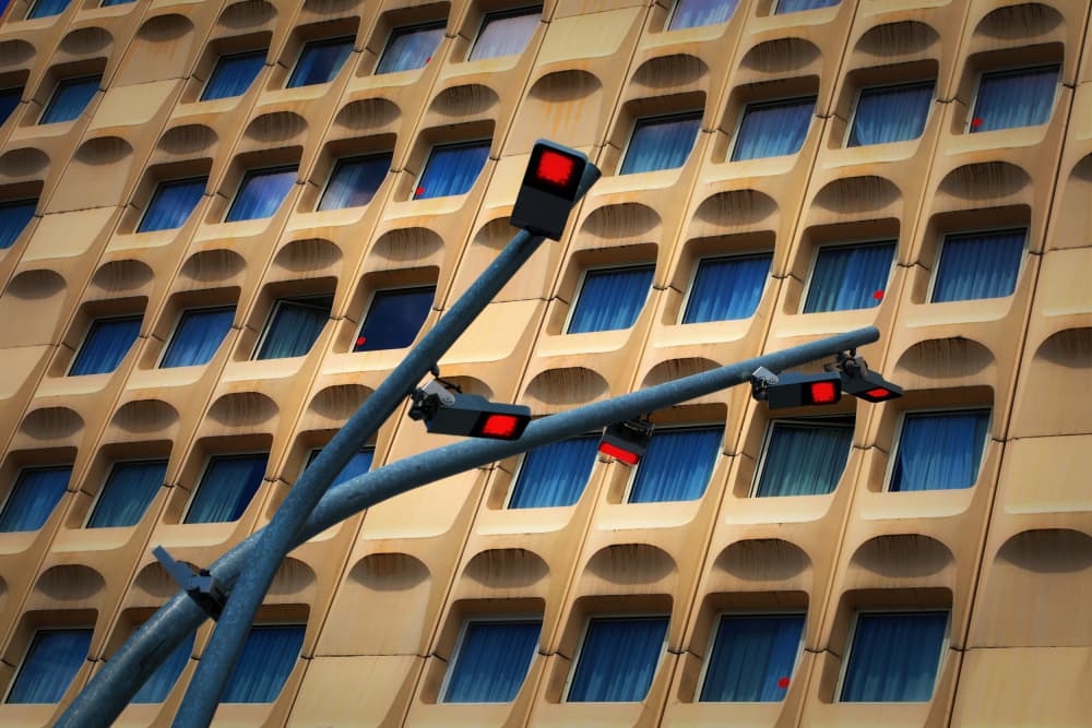 Red Lights Urban Building by Hans-Wolfgang Hawerkamp — canvas wall art