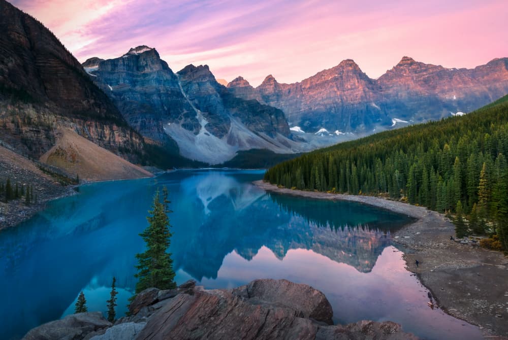 Pink Sky Mountain Lake by Ti Wang — canvas wall art