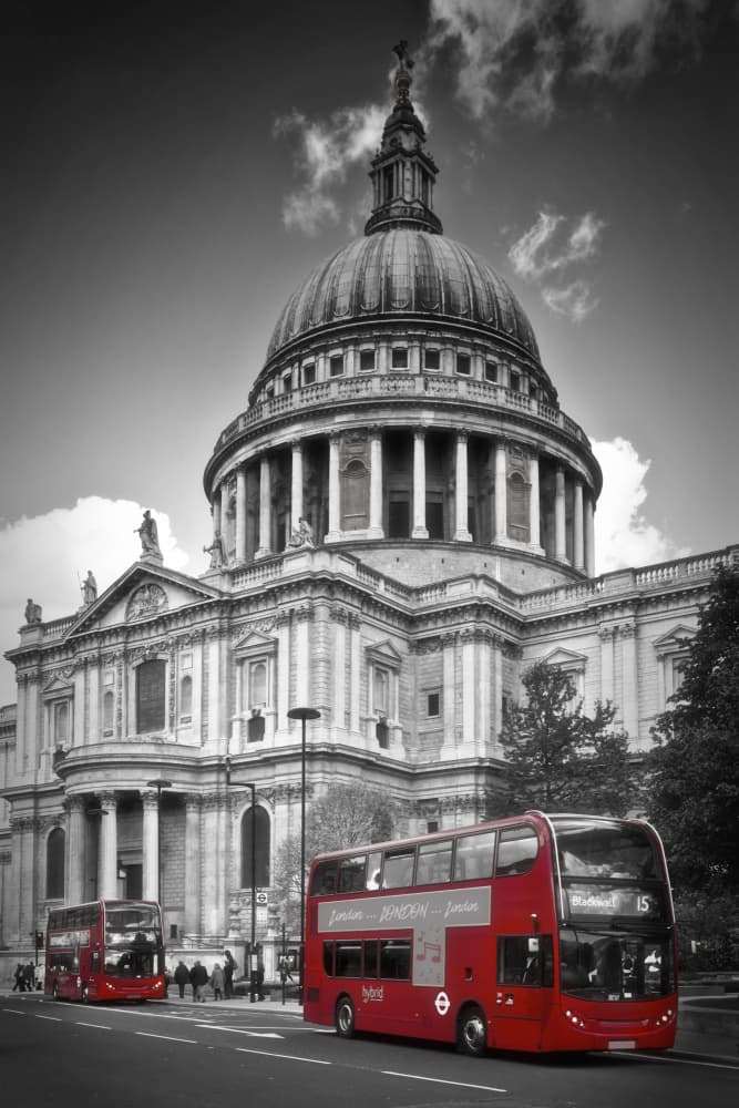 St Paul's Red Buses by Melanie Viola — canvas wall art
