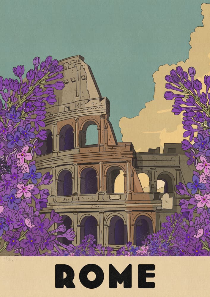 Rome Colosseum Purple Flowers by Nicholas — canvas wall art