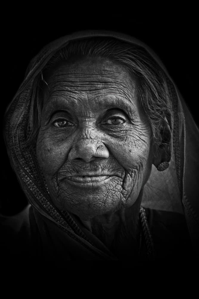 Wise Old Woman Portrait by Shaibal Nandi — canvas wall art