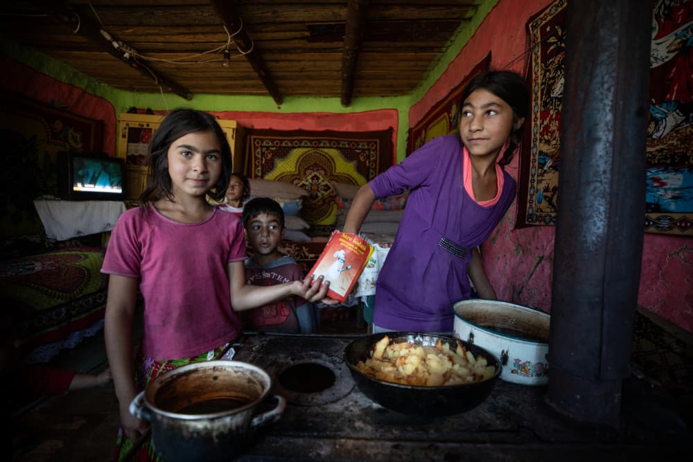 Children in Rustic Kitchen by Corinne Spector — canvas wall art
