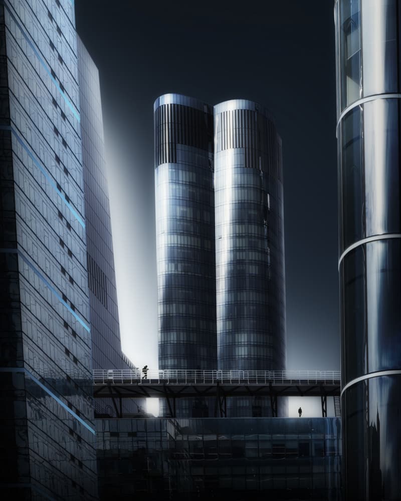 Skyscrapers And Skybridge by Dani Otero Sobrino — canvas wall art