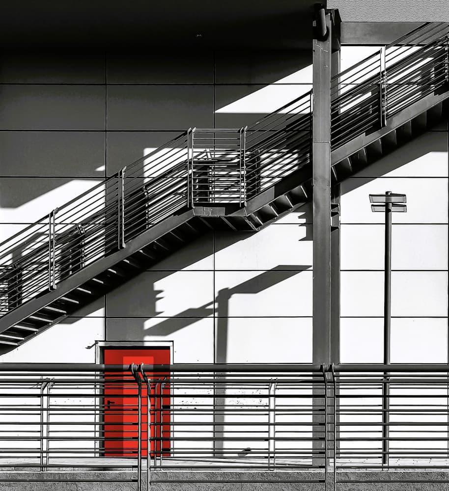 Geometric Red Door Stairs by Arnon Orbach — canvas wall art